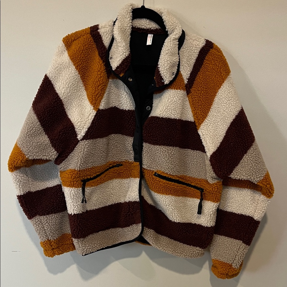 FP Movement by Free People Striped Teddy Jacket - Brown, Cream, and Tan